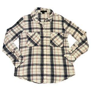 Sanctuary Plaid Linen Boyfriend Shirt Size XS Blue White Coral Button Down Top